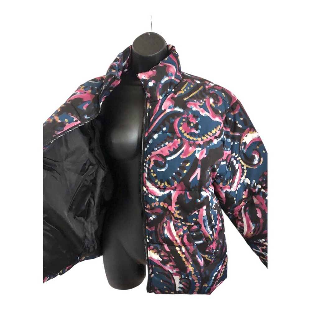 Retro purple blue‎ multi color puffy quilted winter coat size medium new
